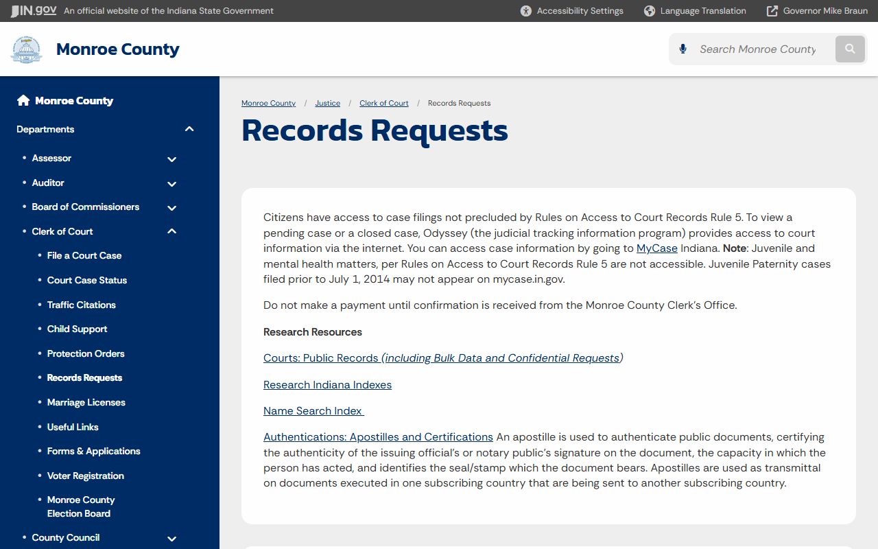 Bloomington Monroe County Clerk of Court records page