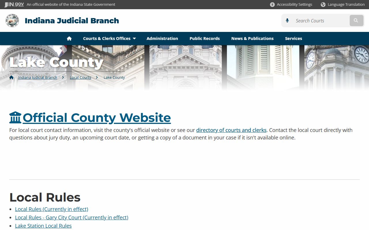 Gary Indiana courts directory page for Lake County court information