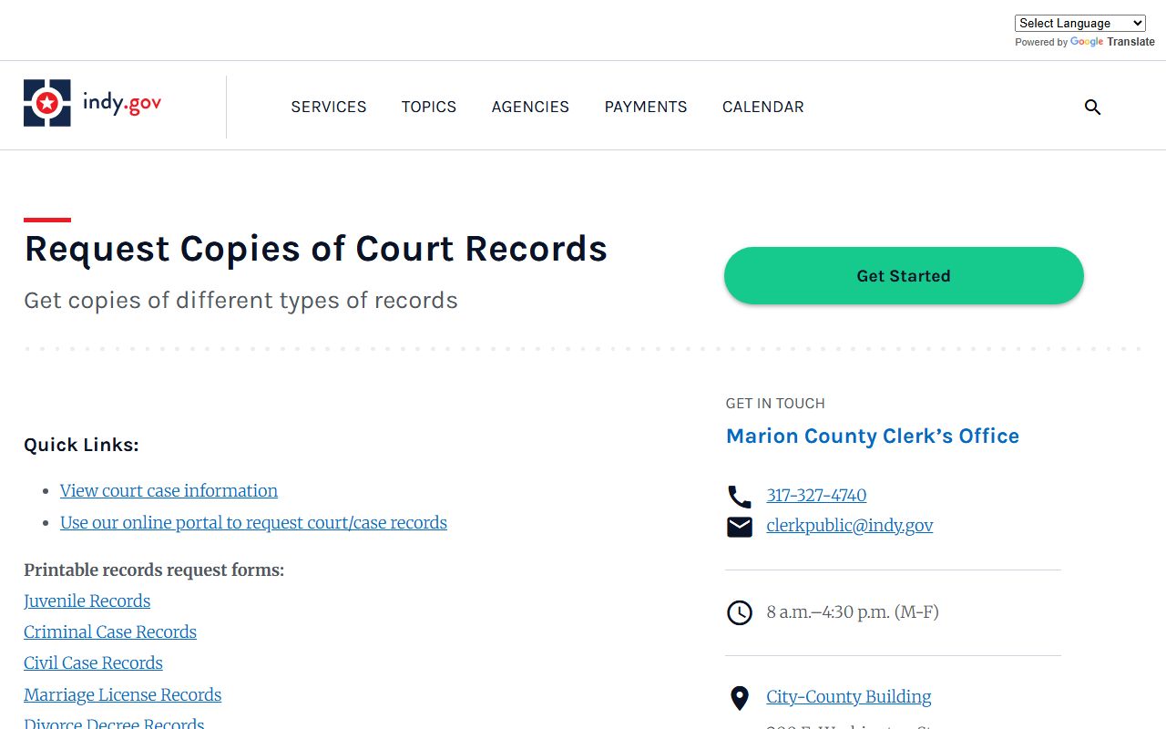 Indianapolis court records request page for copies of court documents