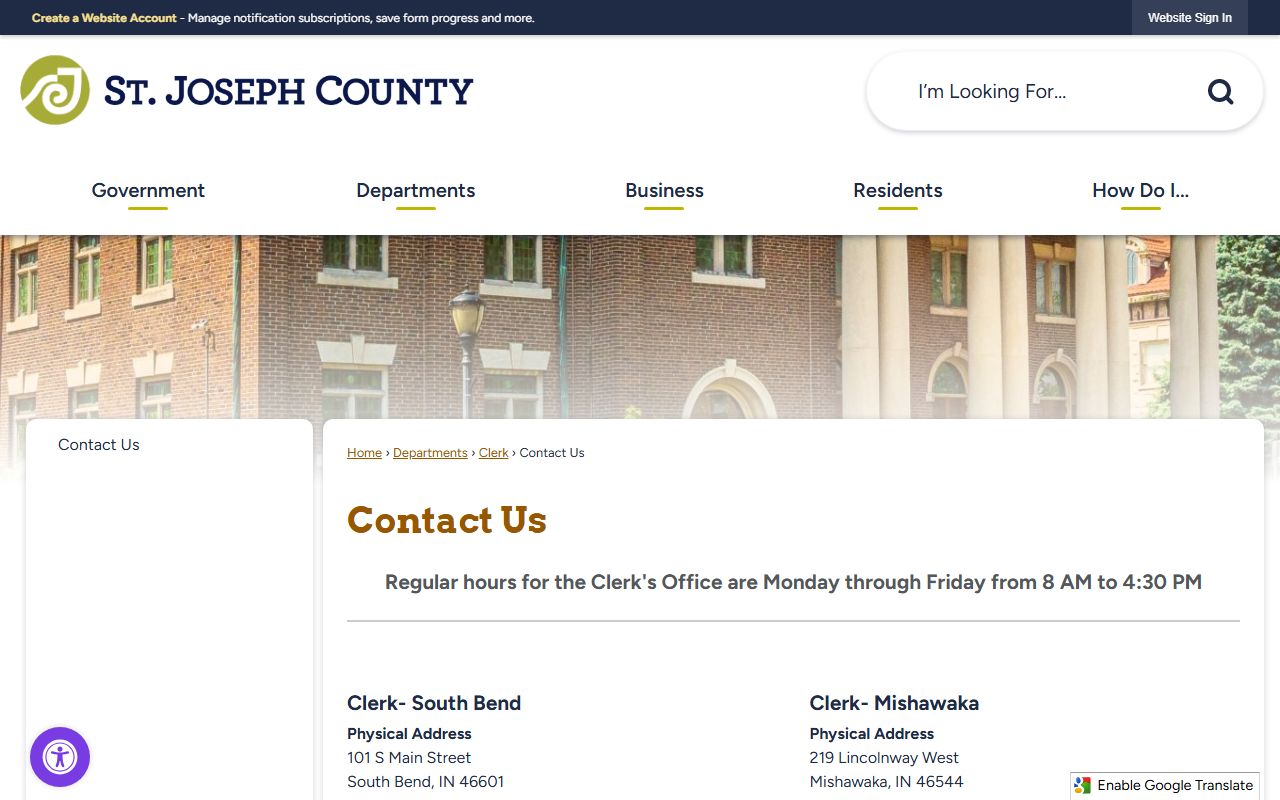 South Bend St. Joseph County government website showing court contacts