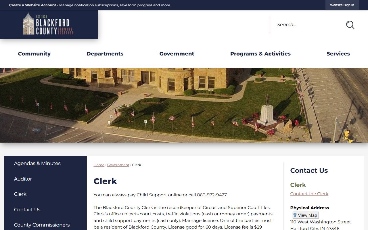 Blackford County Clerk office website for court records