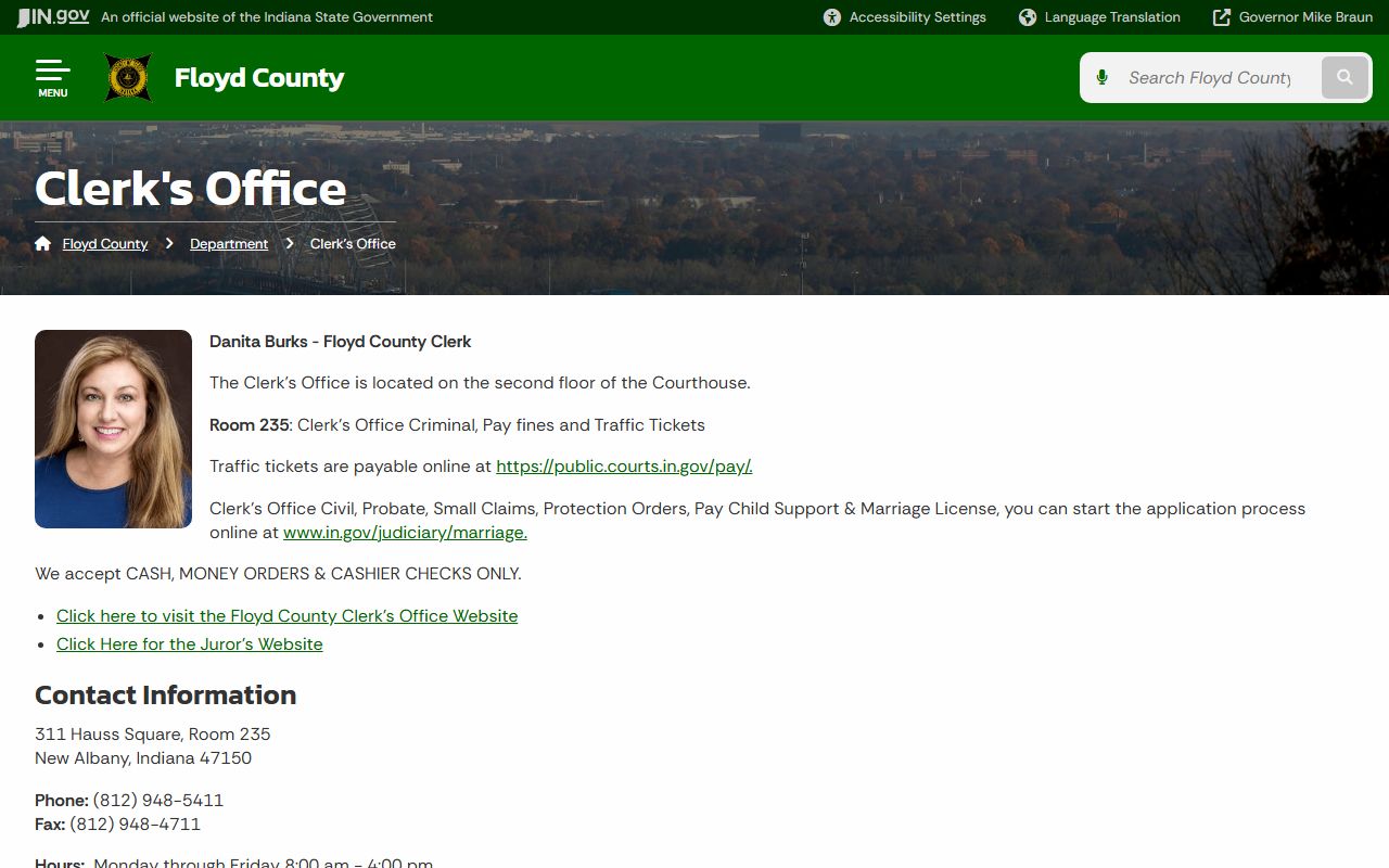 Floyd County Clerk office page on Indiana state website