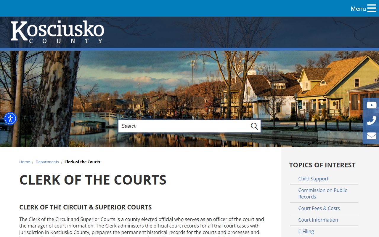 Kosciusko County Clerk of Courts office page for court records
