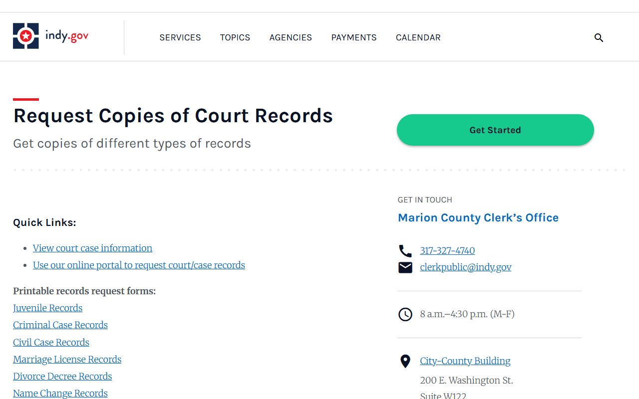 Marion County court records request form on Indy.gov