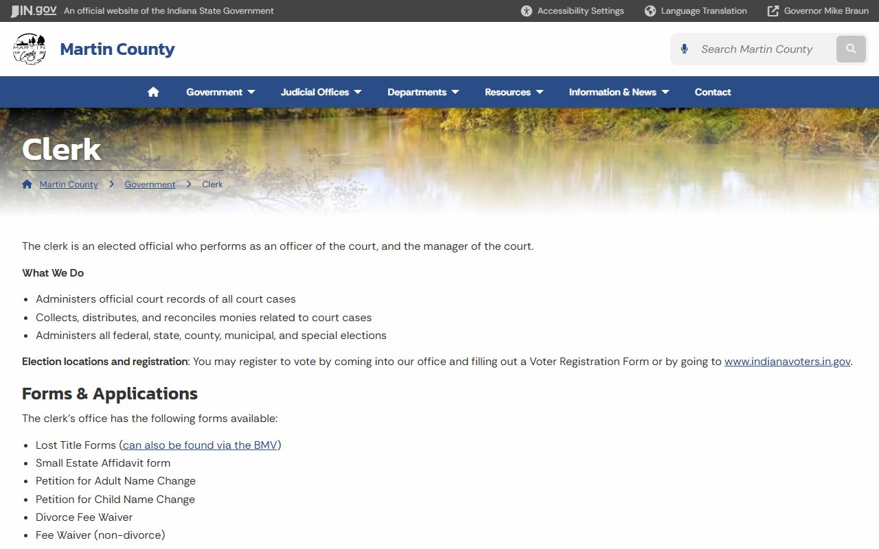 Martin County Clerk of Courts office page for court records in Shoals