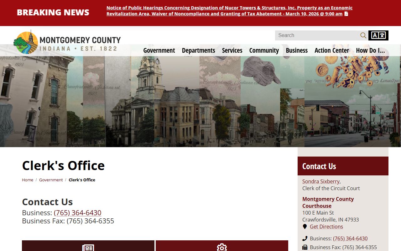 Montgomery County Clerk's Office page for court records in Crawfordsville
