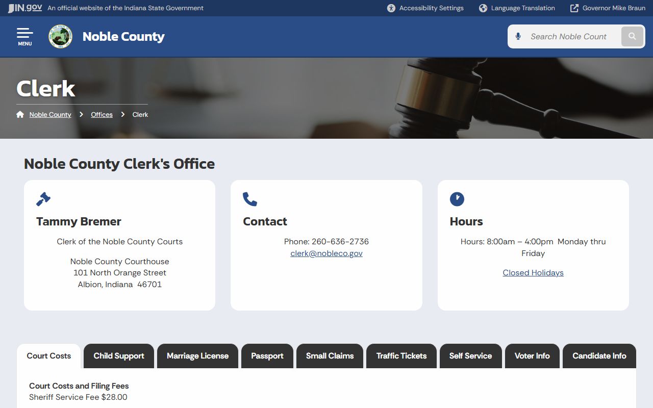 Noble County Clerk of Courts office page for court records in Albion