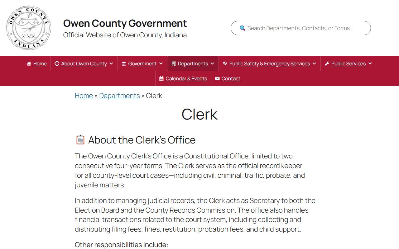 Owen County Clerk's Office website page for court records in Spencer
