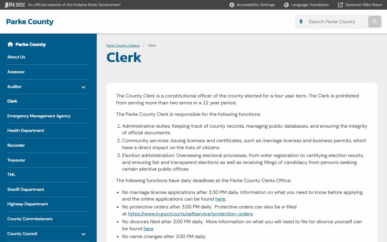 Parke County Clerk office page for court records access