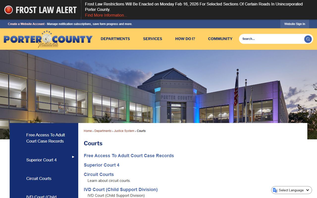 Porter County Courts information page for court records