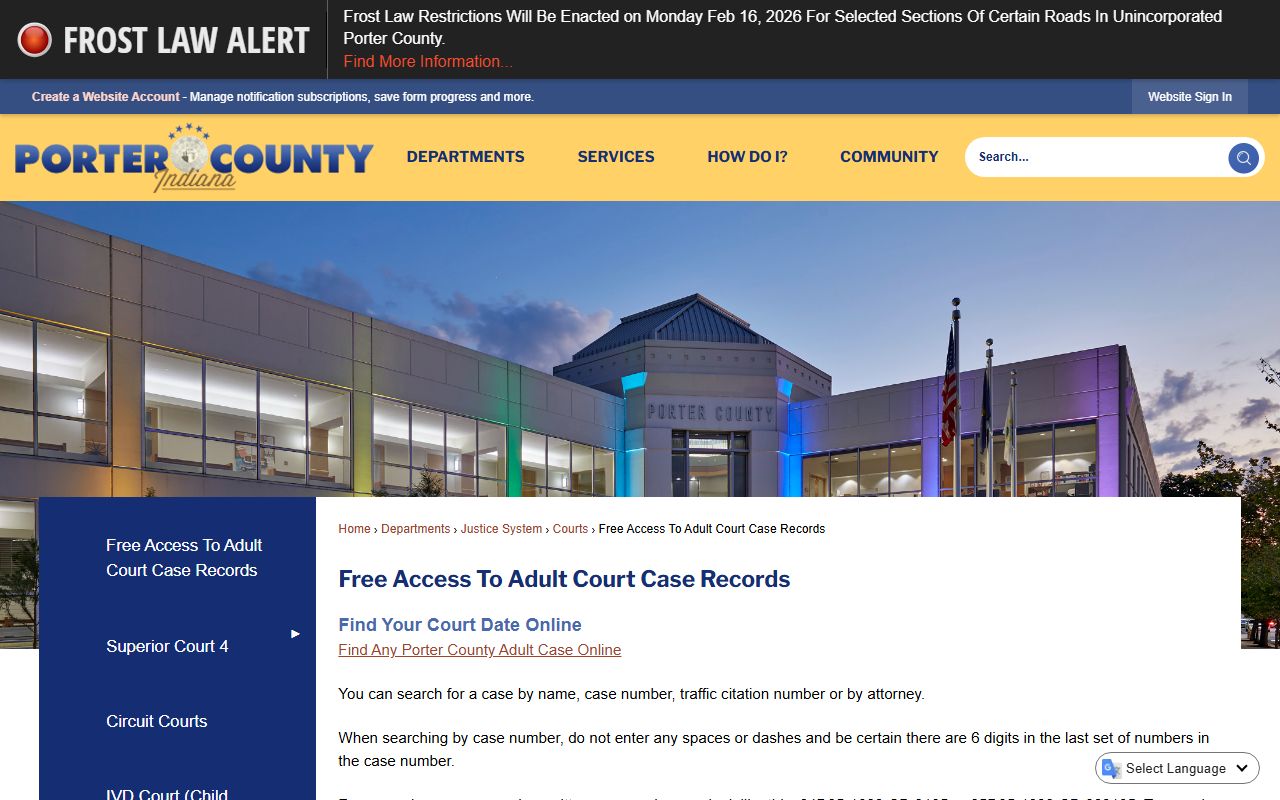 Porter County free access to adult court case records portal