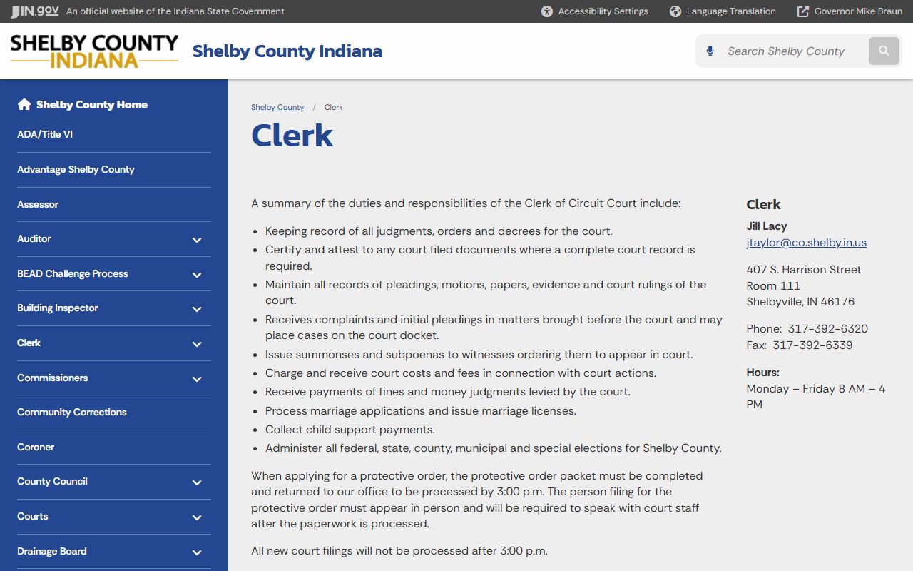 Shelby County Clerk office page on Indiana state website
