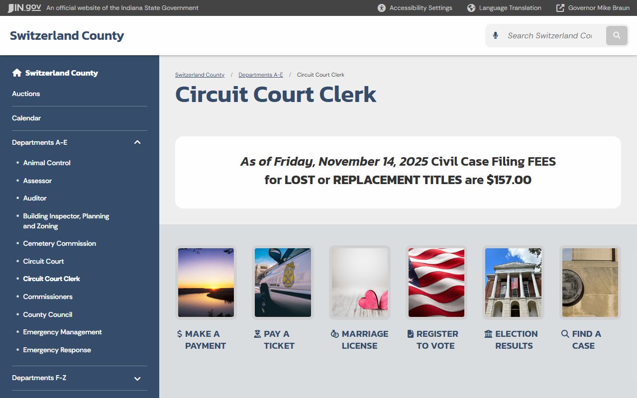 Switzerland County Clerk of Courts office website for court records