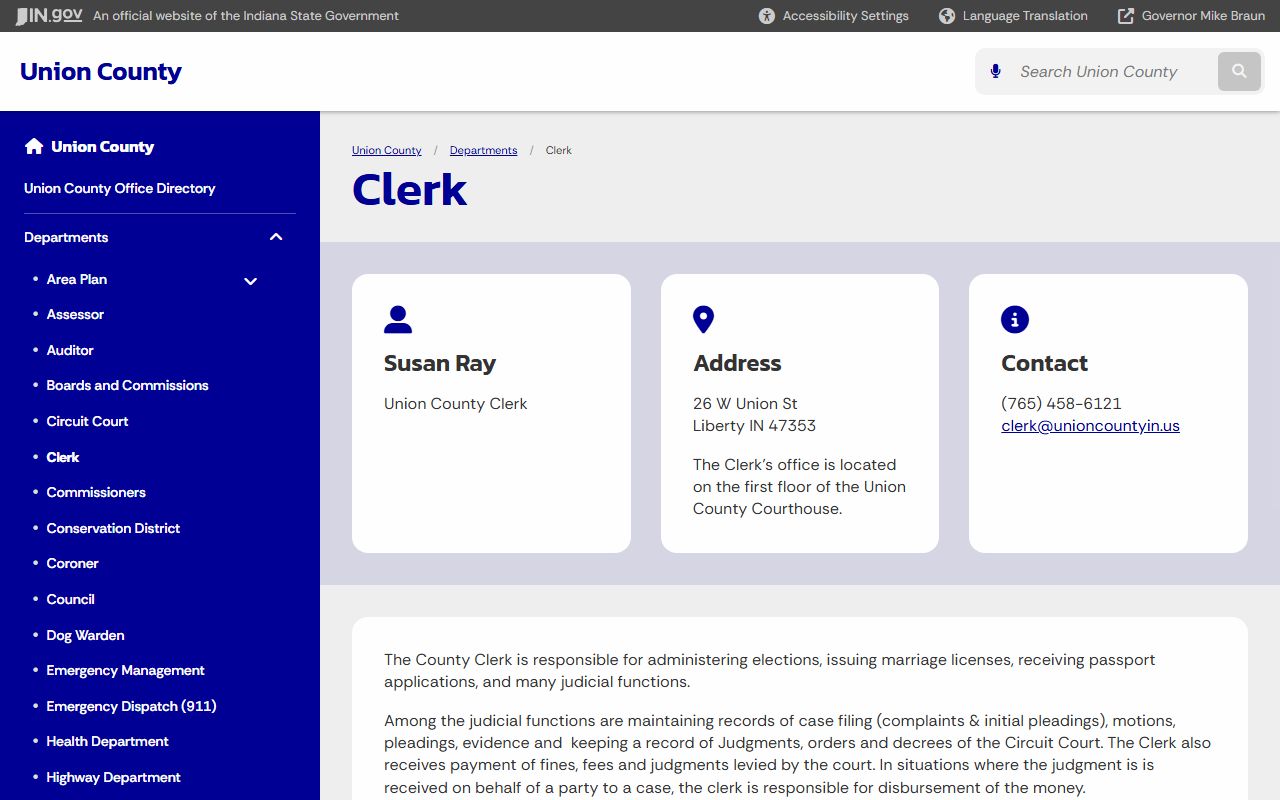 Union County Clerk office page for court records in Liberty Indiana